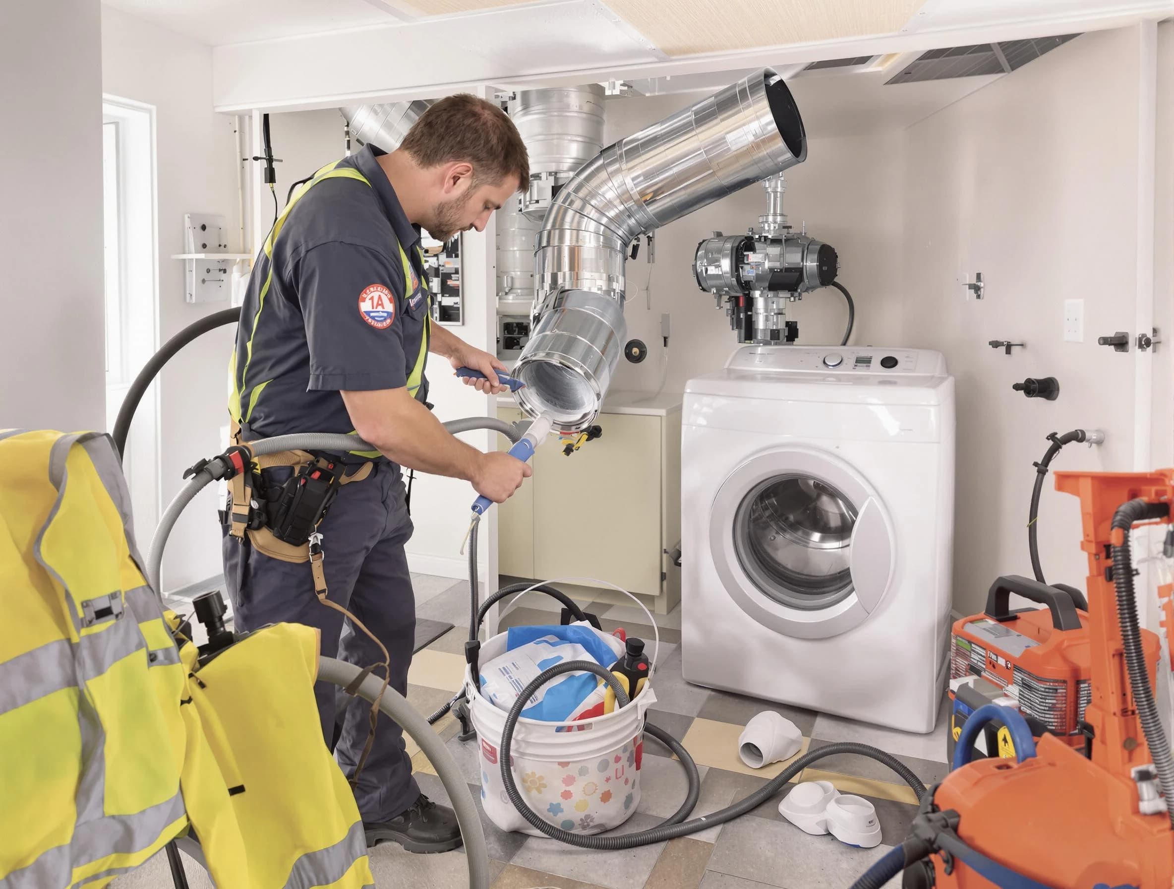 Jurupa Valley Dryer Vent Cleaning technician using specialized equipment to clear severe dryer vent blockage in Jurupa Valley